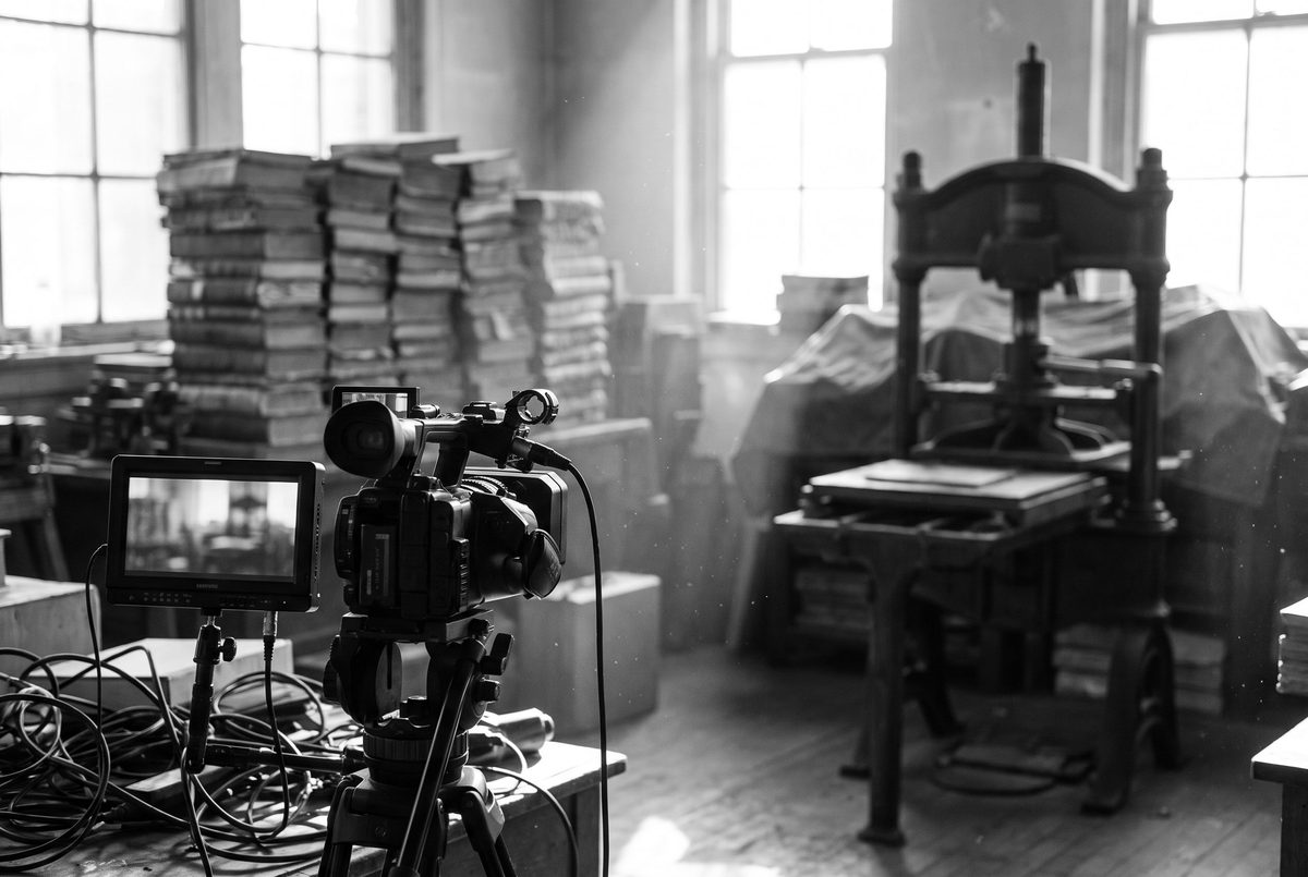Magazine archives and a printing press behind a cinema camera, duotone still
