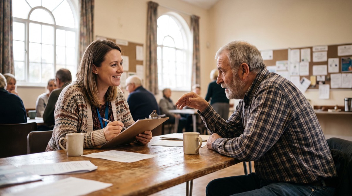Community researcher interviewing a local resident in person