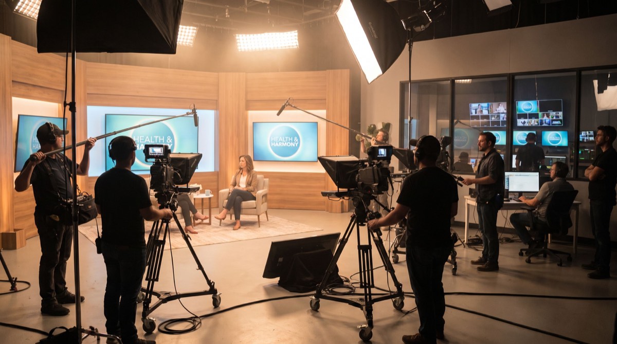Television studio set filming a health and wellness show with cameras and crew
