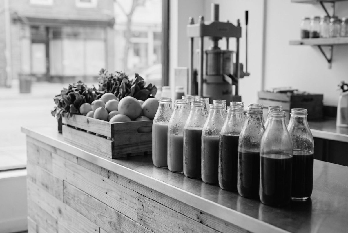 Cold-pressed juice bar counter, duotone still